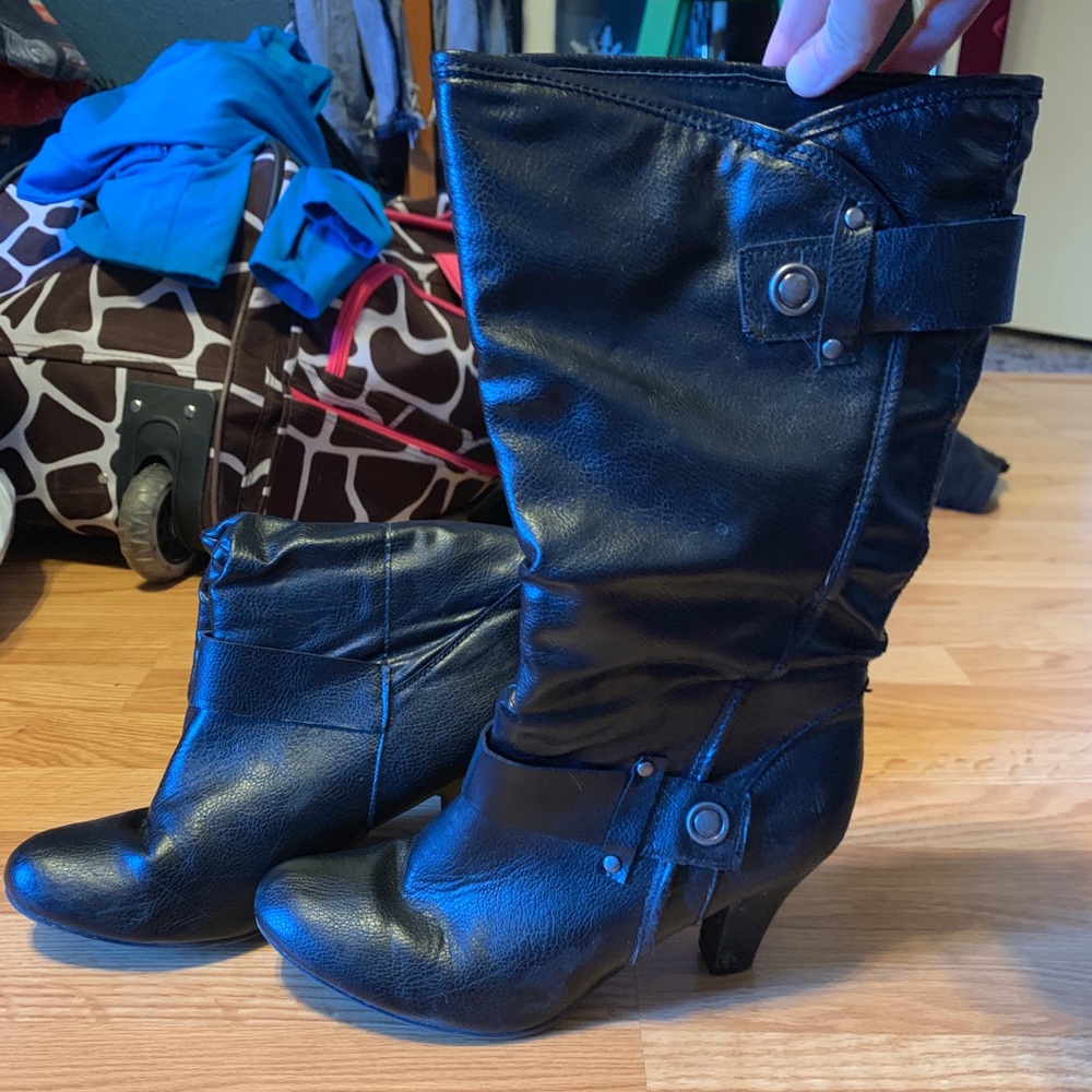 Black mid calf heel boots